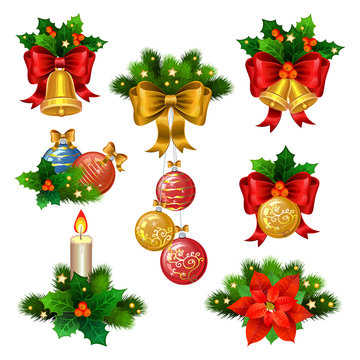 Christmas festive ornaments icons set