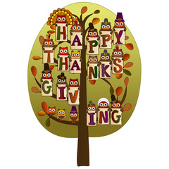 happy thanksgiving on a green tree with leaves