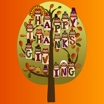 happy thanksgiving on a green tree with leaves with fall background