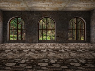 Large, empty, abandoned room with large arc windows and stone floor