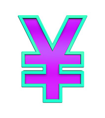 Yen sign from purple glass with blue frame alphabet set, isolated on white. Computer generated 3D photo rendering.