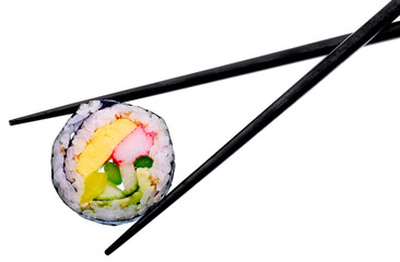 Sushi roll with black chopsticks isolated on white background
