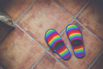 Retro toned rainbow color pattern slippers on the floor