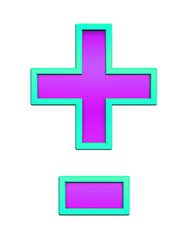 Hyphen, minus, plus marks from purple glass with blue frame alphabet set, isolated on white. Computer generated 3D photo rendering.