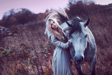  beauty blondie with horse in the field,  effect of toning