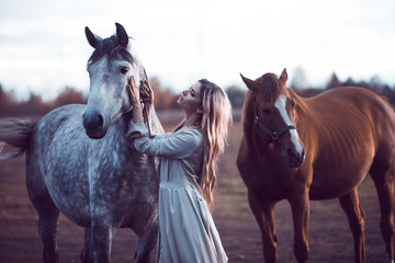  beauty blondie with horse in the field,  effect of toning
