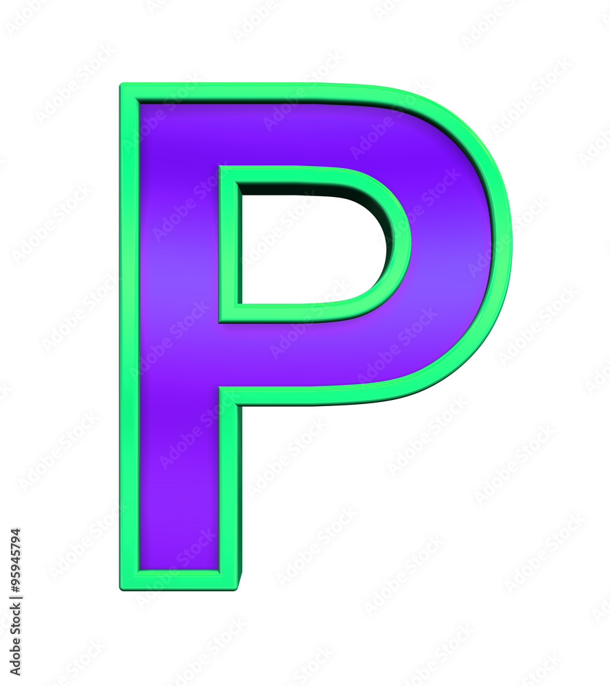 Fototapete one letter from violet glass with green frame alphabet set, isolated on white. computer generated 3d
