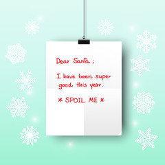 A hanging white paper letter to Santa with blue and light blue gradient background and snowflakes.
