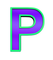 One letter from violet glass with green frame alphabet set, isolated on white. Computer generated 3D photo rendering.