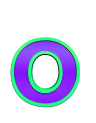 One lower case letter from violet glass with green frame alphabet set, isolated on white. Computer generated 3D photo rendering.