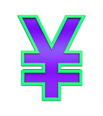 Obraz premium Yen sign from violet glass with green frame alphabet set, isolated on white. Computer generated 3D photo rendering.