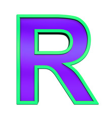 One letter from violet glass with green frame alphabet set, isolated on white. Computer generated 3D photo rendering.