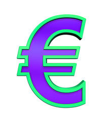 Euro sign from violet glass with green frame alphabet set, isolated on white. Computer generated 3D photo rendering.