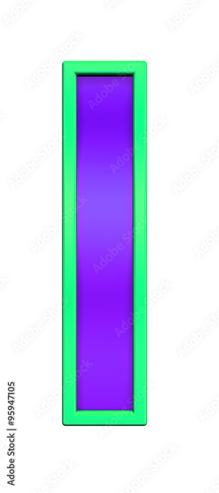 Fototapete one letter from violet glass with green frame alphabet set, isolated on white. computer generated 3d