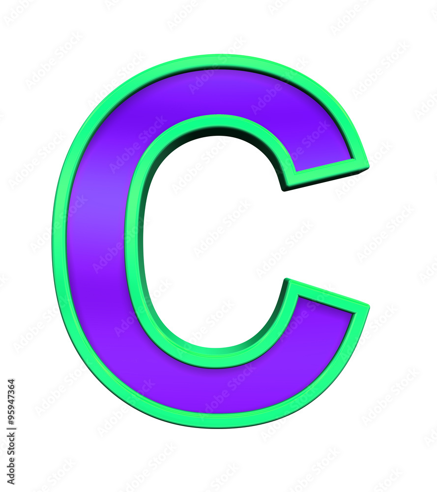 Fototapete one letter from violet glass with green frame alphabet set, isolated on white. computer generated 3d