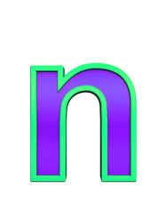 One lower case letter from violet glass with green frame alphabet set, isolated on white. Computer generated 3D photo rendering.