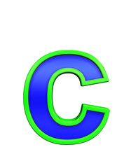 One lower case letter from blue glass with green frame alphabet set, isolated on white. Computer generated 3D photo rendering.