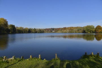 Fototapeta na wymiar Le grand étang de la Hulpe en automne sous un ciel bleu 