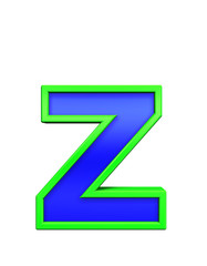 One lower case letter from blue glass with green frame alphabet set, isolated on white. Computer generated 3D photo rendering.