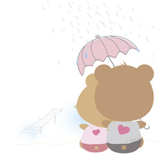 Love concept of couple teddy bear doll in rainy day