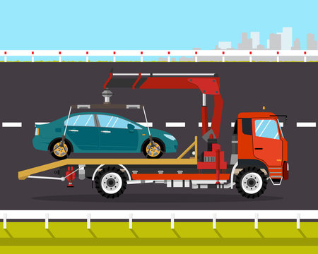 Tow truck driven on the road back to the city broken car. Vector illustration