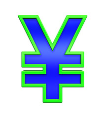 Obraz premium Yen sign from blue glass with green frame alphabet set, isolated on white. Computer generated 3D photo rendering.