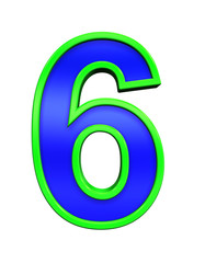 One digit from blue glass with green frame alphabet set, isolated on white. Computer generated 3D photo rendering.