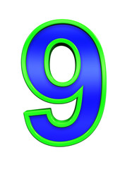 One digit from blue glass with green frame alphabet set, isolated on white. Computer generated 3D photo rendering.