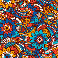 Hand drawn seamless pattern with floral elements. 