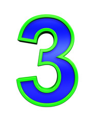 One digit from blue glass with green frame alphabet set, isolated on white. Computer generated 3D photo rendering.