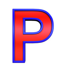 One letter from red glass with blue frame alphabet set, isolated on white. Computer generated 3D photo rendering.