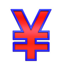 Yen sign from red glass with blue frame alphabet set, isolated on white. Computer generated 3D photo rendering.