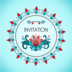 Floral circular vignette. A border of red flowers , buds, leaves in folklore style. Vector template to create greetings , invitations, booklet, restaurant menu.