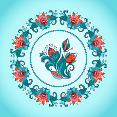 Floral circular vignette. A border of red flowers , buds, leaves in folklore style. Vector template to create greetings , invitations, booklet, restaurant menu.