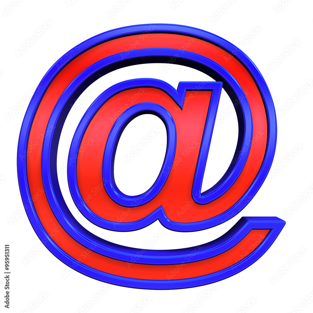 Fototapete mail sign from red glass with blue frame alphabet set, isolated on white. computer generated 3d phot