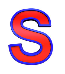 One letter from red glass with blue frame alphabet set, isolated on white. Computer generated 3D photo rendering.