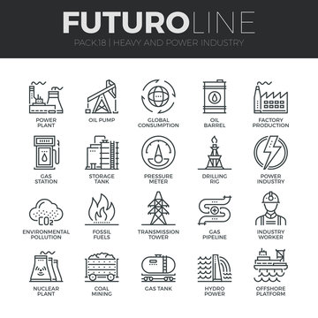 Heavy and Power Industry Futuro Line Icons Set