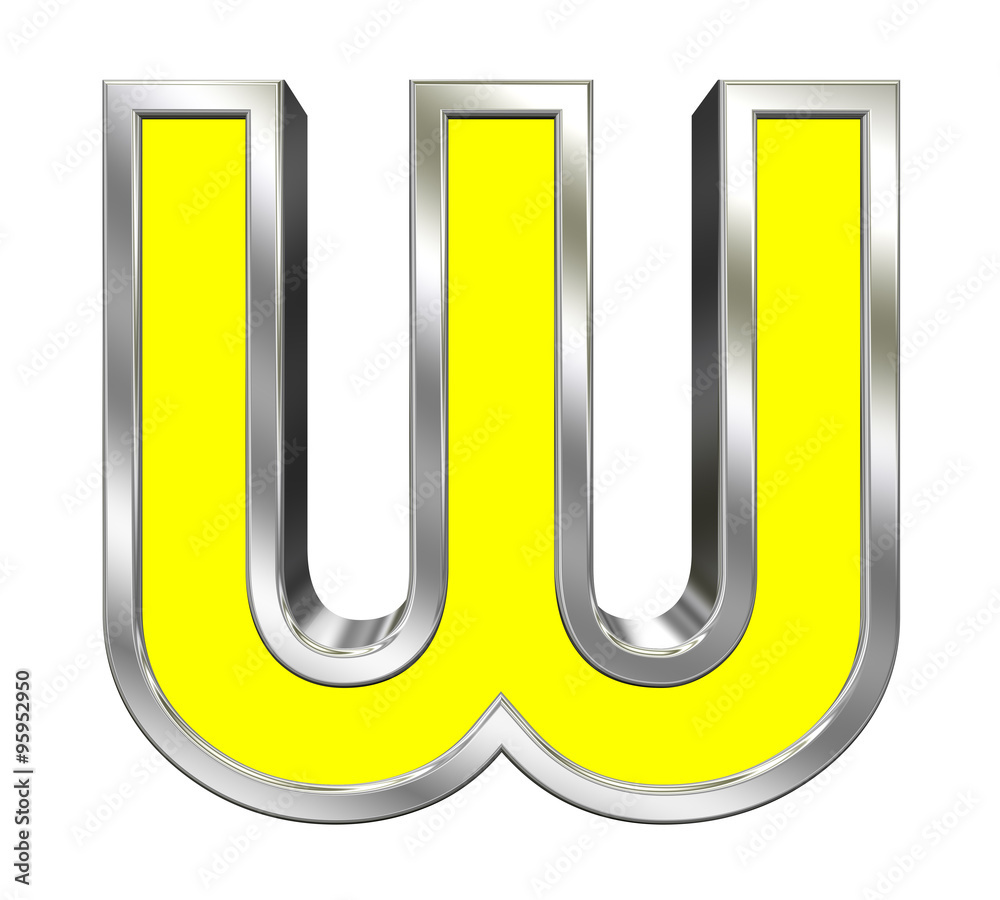 Fototapete One letter from yellow with chrome frame alphabet set, isolated on white. Computer generated 3D photo rendering.