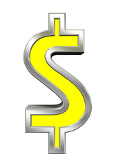 Dollar sign from yellow with chrome frame alphabet set, isolated on white. Computer generated 3D photo rendering.