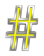 Obraz premium Number mark sign from yellow with chrome frame alphabet set, isolated on white. Computer generated 3D photo rendering.