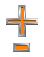 Fototapeta premium Hyphen, minus, plus marks from orange with chrome frame alphabet set, isolated on white. Computer generated 3D photo rendering.