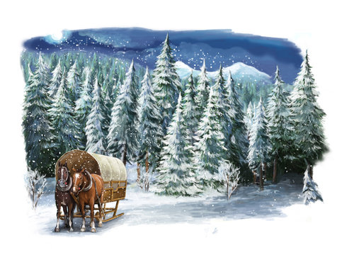 Christmas winter happy scene with horses in the mountains - forest - illustration for the children