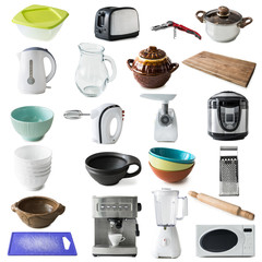 different kinds of kitchen appliances and ware collage