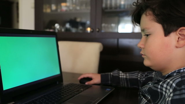 Young boy with green screen laptop monior