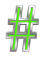 Fototapeta premium Number mark sign from green with chrome frame alphabet set, isolated on white. Computer generated 3D photo rendering.