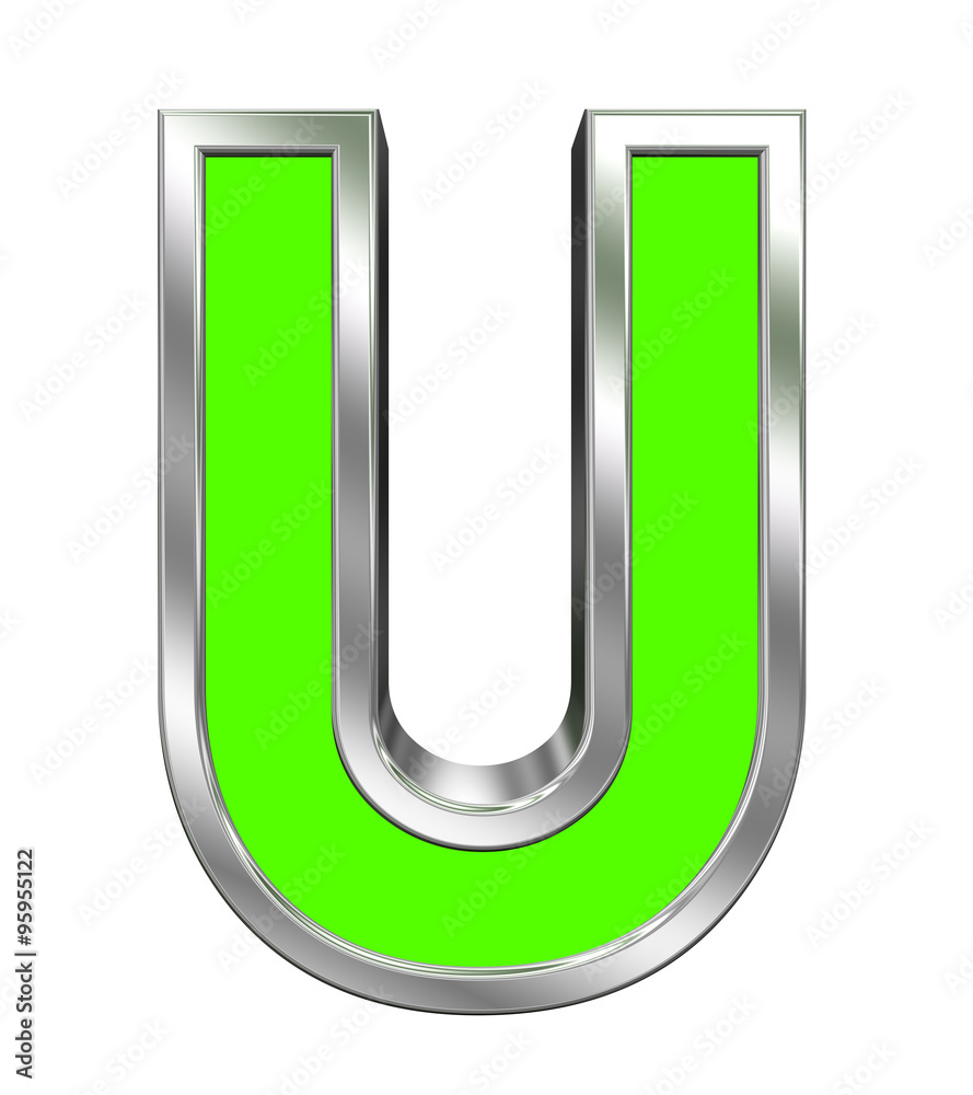 Fototapete One letter from green with chrome frame alphabet set, isolated on white. Computer generated 3D photo rendering.