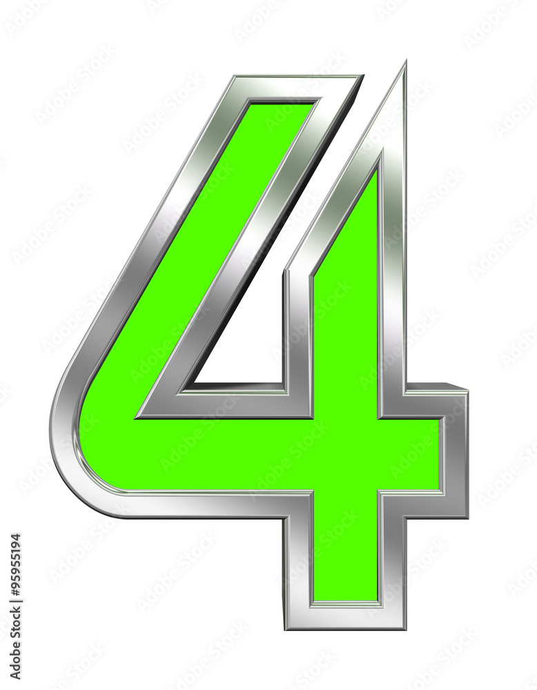 Fototapete one digit from green with chrome frame alphabet set, isolated on white. computer generated 3d photo 