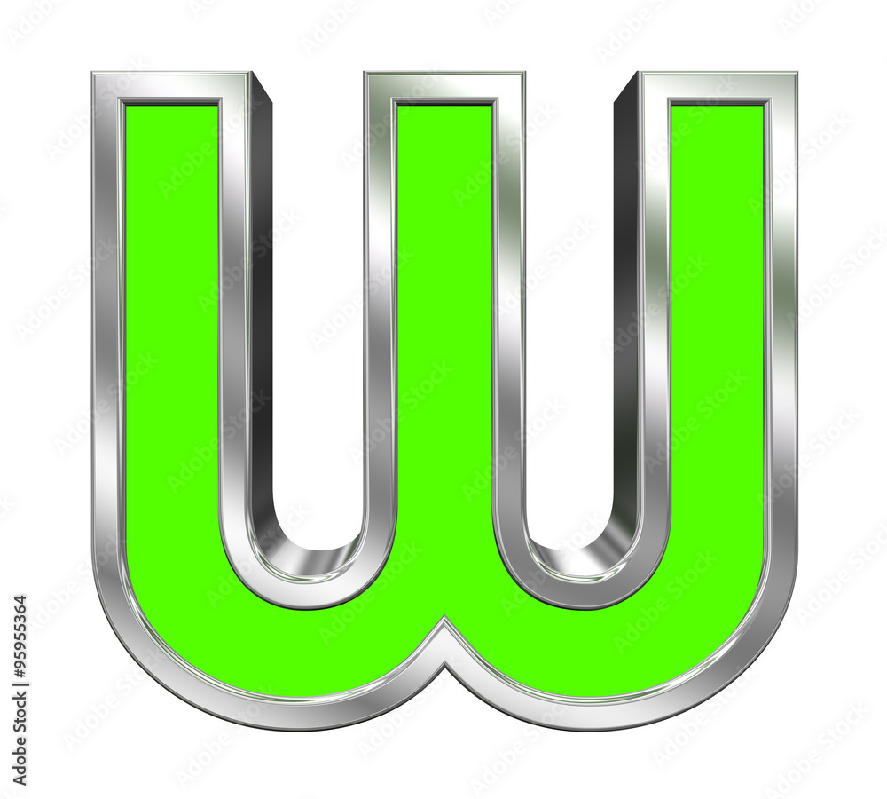 Fototapete One letter from green with chrome frame alphabet set, isolated on white. Computer generated 3D photo rendering.