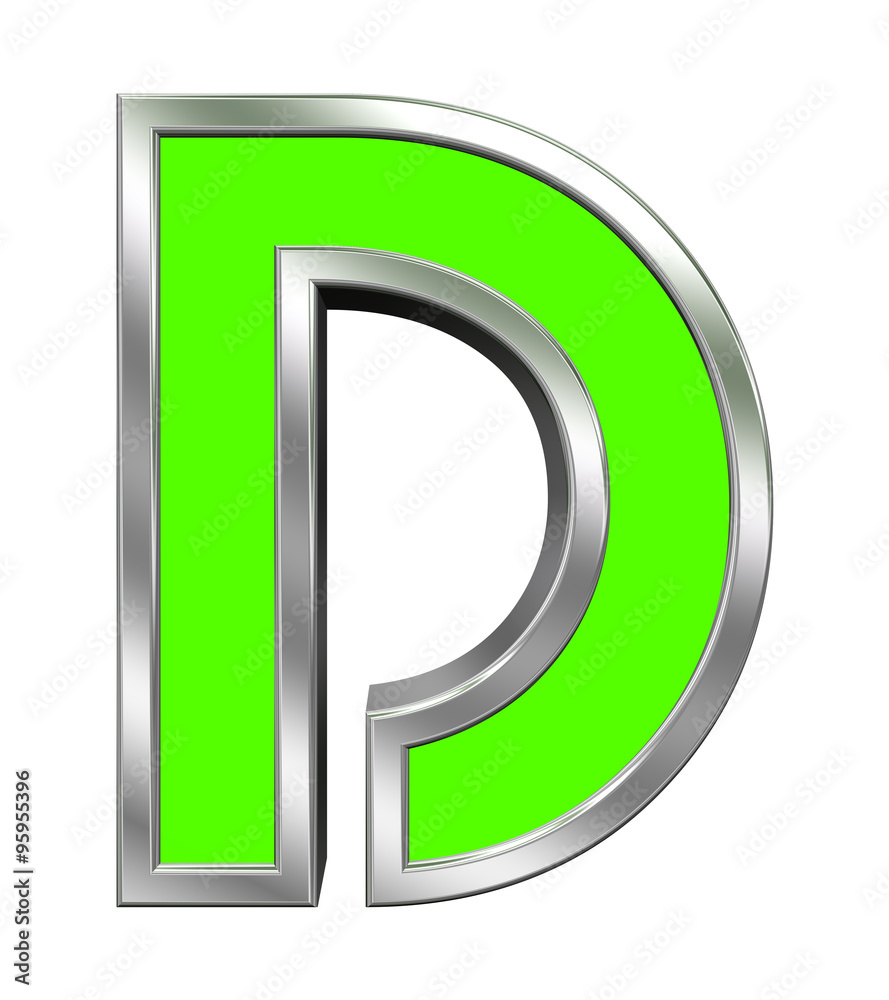 Fototapete one letter from green with chrome frame alphabet set, isolated on white. computer generated 3d photo