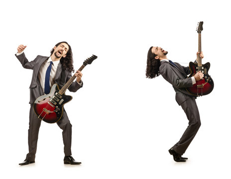 Funny guitar player isolated on white
